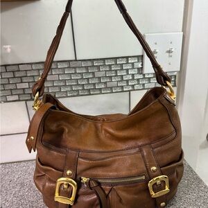 B. Makowsky Tan Leather Shoulder Bag with Gold Accents